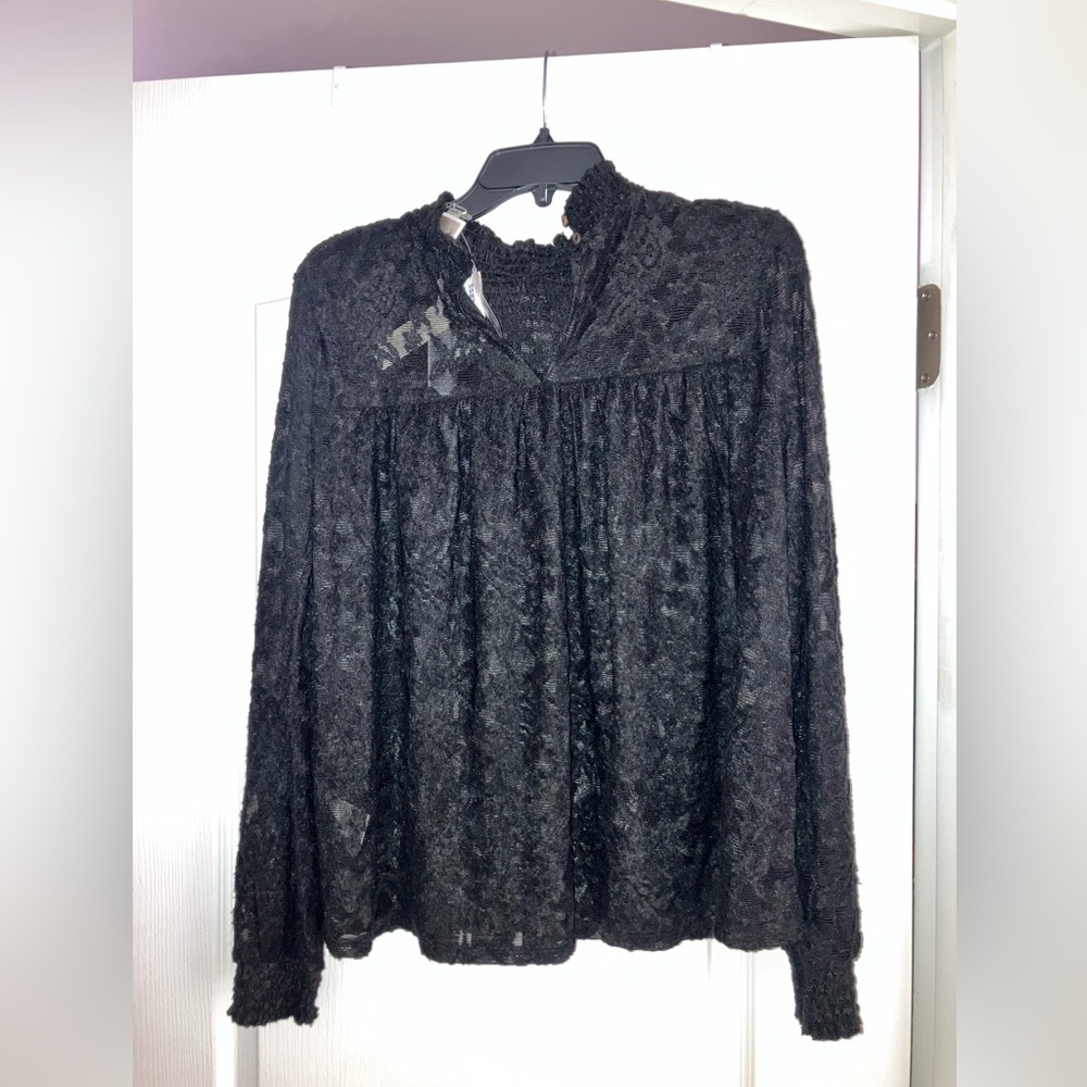 Black sheer long sleeve collared shirt